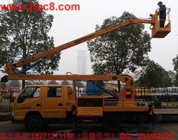 江玲16米高空作業(yè)車(國四)江鈴底盤加裝上裝部分而成;液壓式三節(jié)折疊臂,最大作業(yè)高度16米,作業(yè)輻度7.3米; 采用國產(chǎn)、進口換向閥及液壓油缸,換向平穩(wěn),操作靈活方便;隨車安裝四個液壓支腿,以保證整車在操作時的穩(wěn)定性與安全性;支腿與工作臂互鎖,安全可靠,防止誤操作過位.